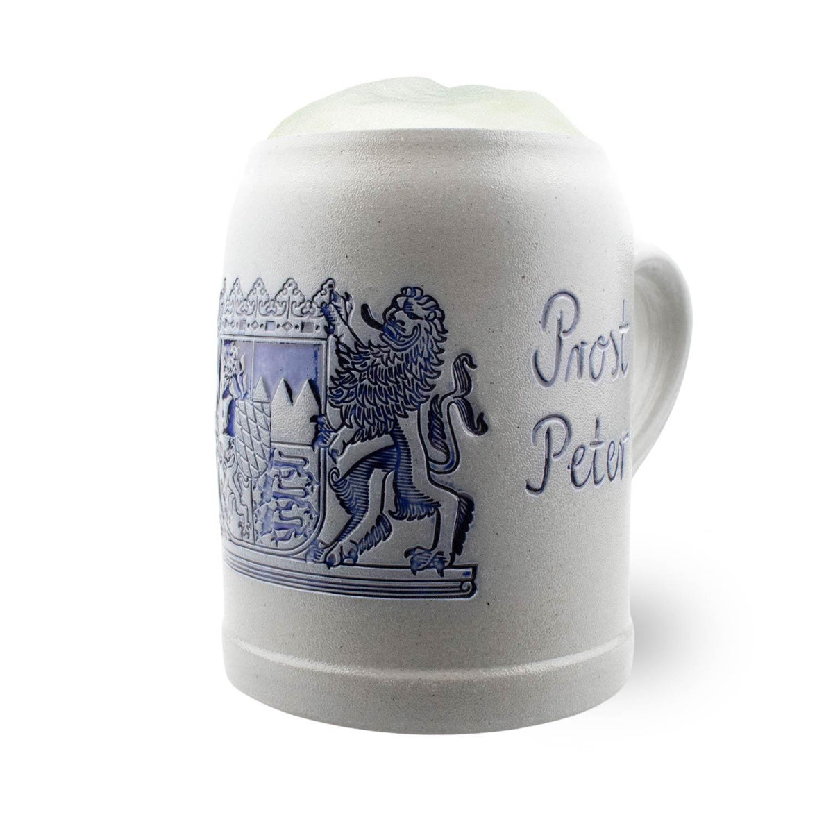 PREMIUM Bierkrug Freistaat Bayern, Steingut mit blauem bayerischem Wappen und weißem Schaum im Krug
