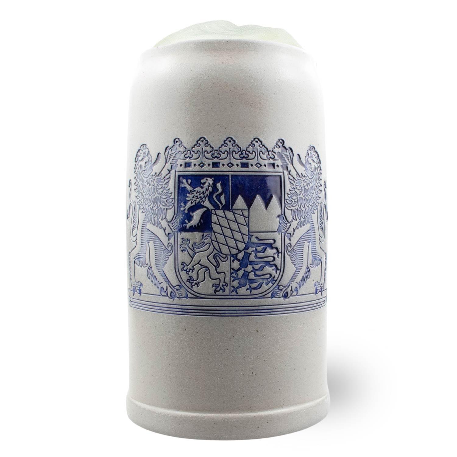 PREMIUM Bierkrug Freistaat Bayern, Steingut mit blauem bayerischem Wappen und Wappentieren, grau-weiß
