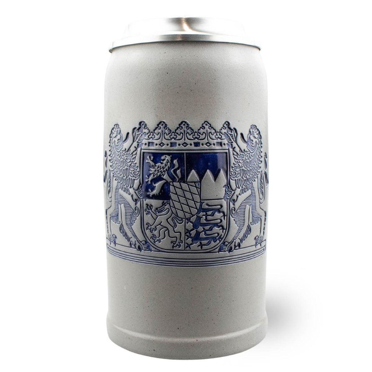 Blaugrauer PREMIUM Bierkrug Freistaat Bayern aus Keramik mit geprägtem Wappen und Zinndeckel.