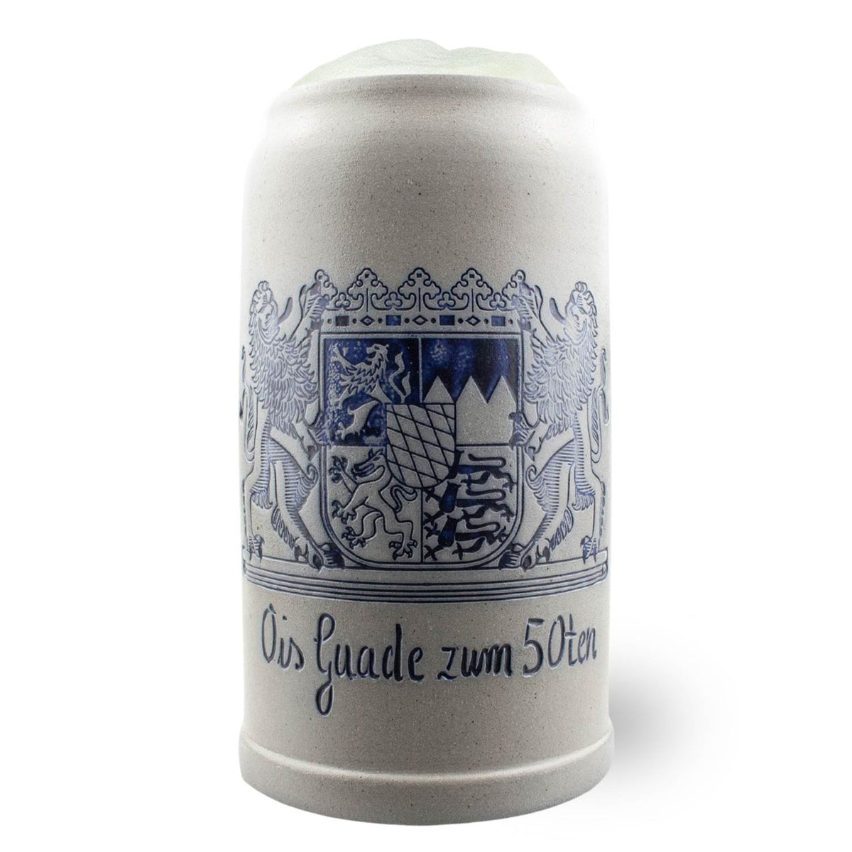 PREMIUM Bierkrug Freistaat Bayern, Steingut 1 Liter mit bayerischem Staatswappen und Gravur "Ois Guade zum 50ten".