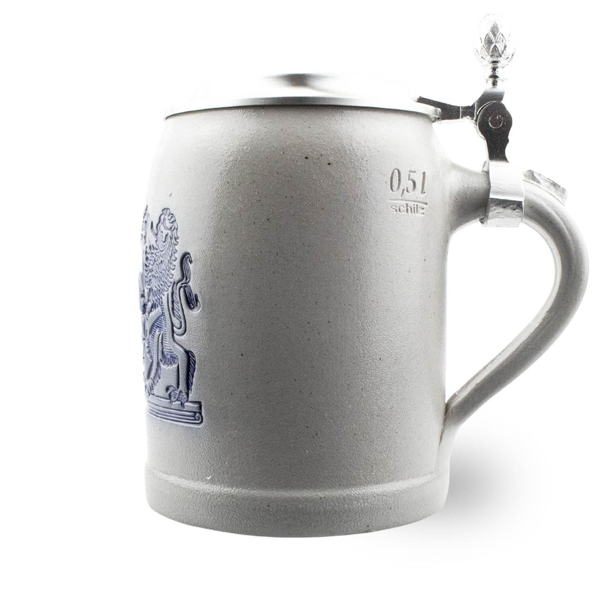 Detail der Wappenprägung am Bierkrug „Freistaat Bayern“ mit Zinndeckel – Handarbeit aus Steinzeug
