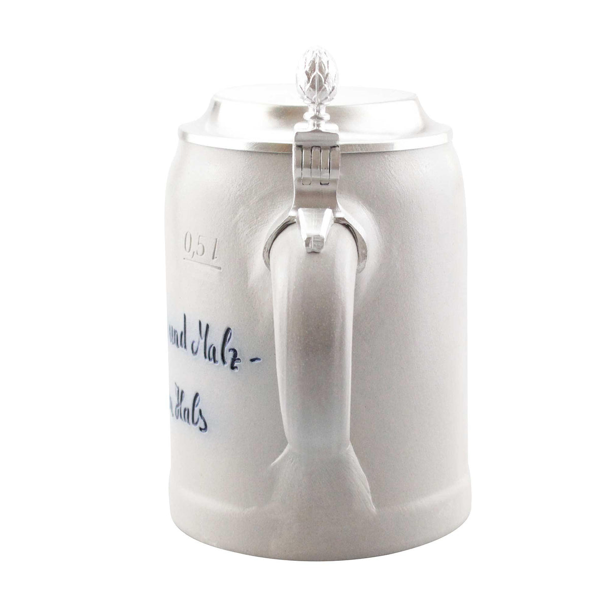 Keramik-Bierkrug mit Zinndeckel und Henkel, Inschrift 'Hopfen und Malz' und Füllstandsanzeige 0,5 Liter.