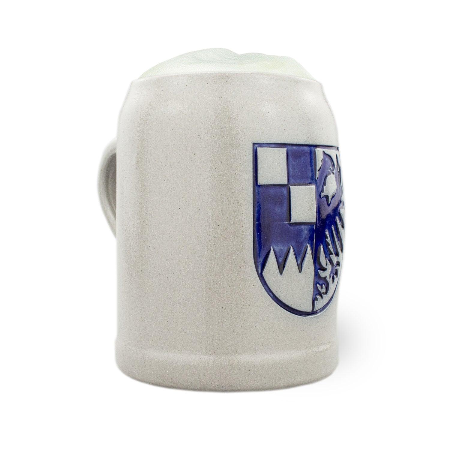 PREMIUM Bierkrug Mittelfranken, graues Steingut mit blau-weißem Mittelfranken Wappen und Bierschaum