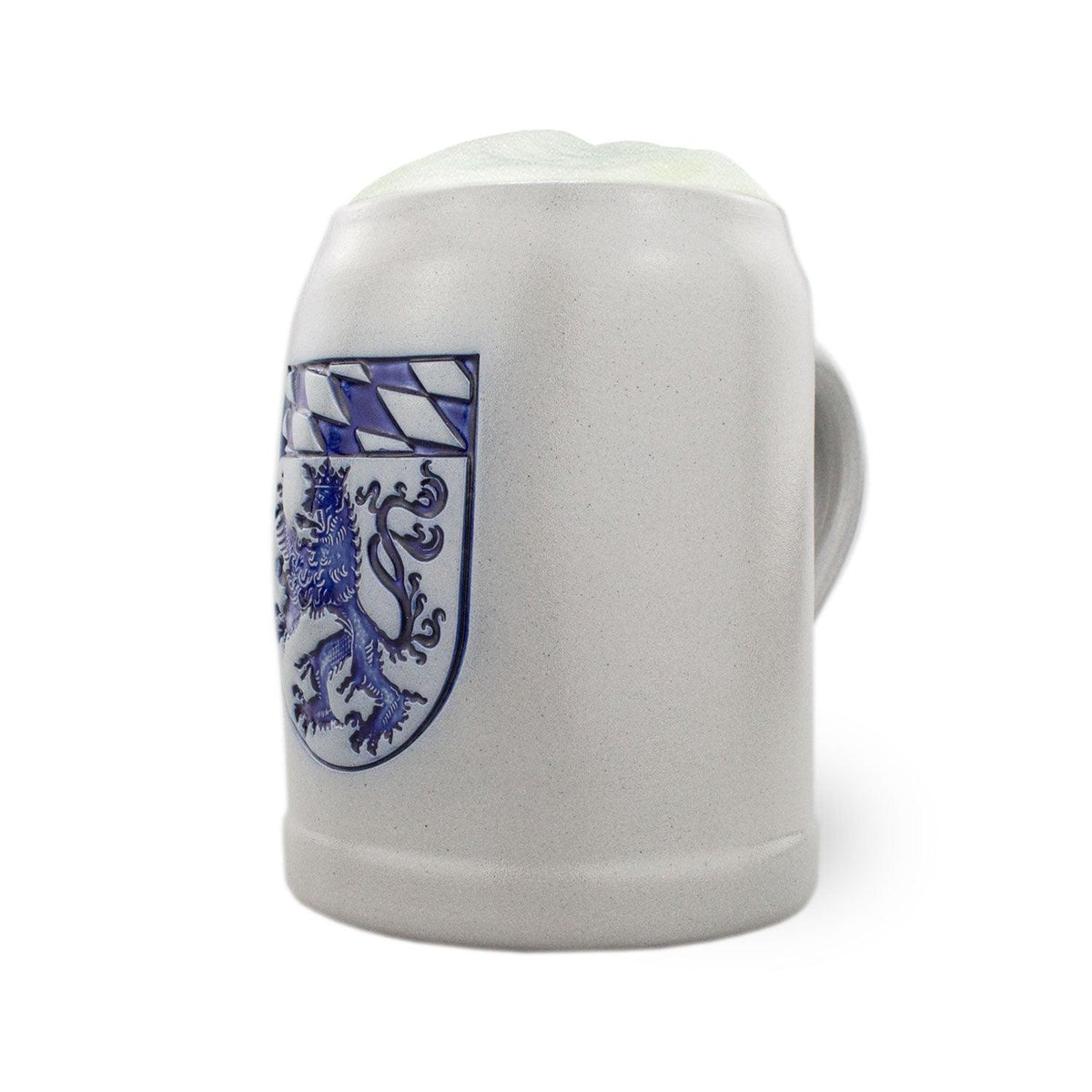 PREMIUM Bierkrug Oberbayern aus Steingut mit blauem Wappen und weißem Schaum, traditioneller bayerischer Krug
