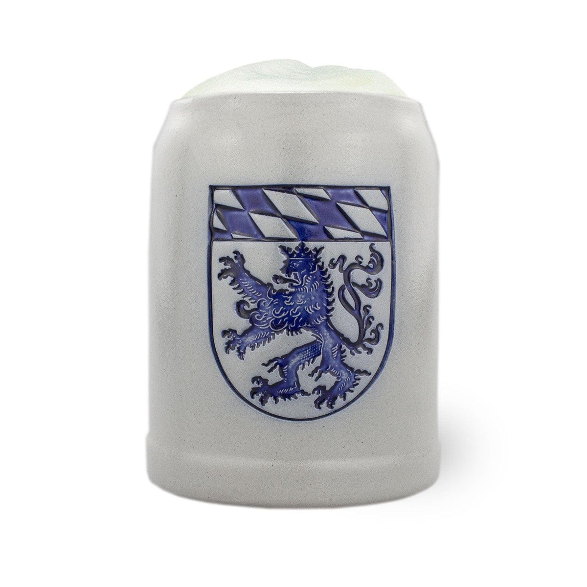 Grauer PREMIUM Bierkrug Oberbayern aus Steingut mit blauem bayerischem Wappen und weißem Schaum.