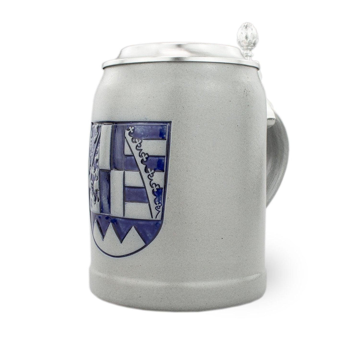 PREMIUM Bierkrug Oberfranken aus grauem Steinzeug mit blau-weißem Wappen und Zinndeckel.
