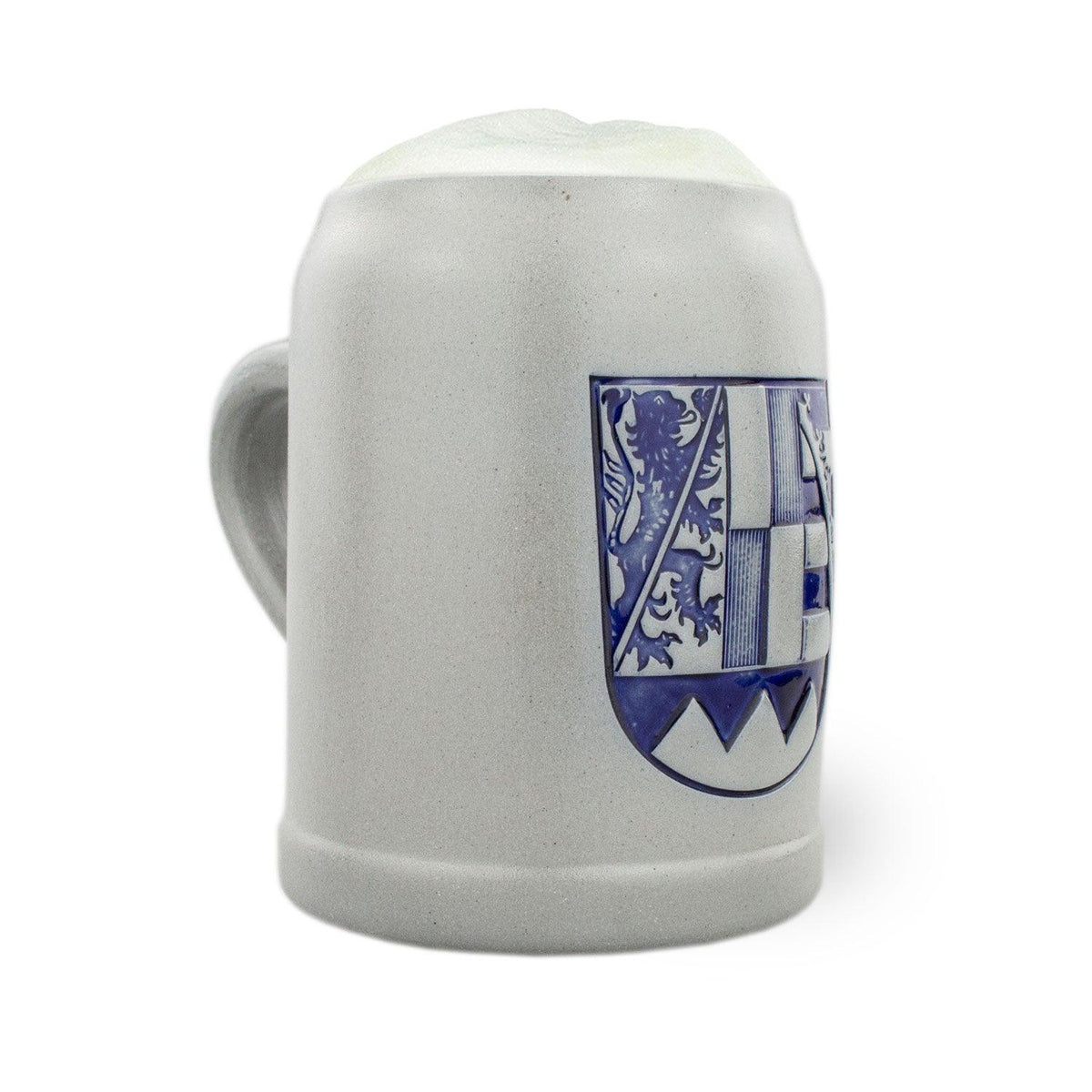 PREMIUM Bierkrug Oberfranken aus grauem Steinzeug mit detailliertem blauem Wappen und Bier.