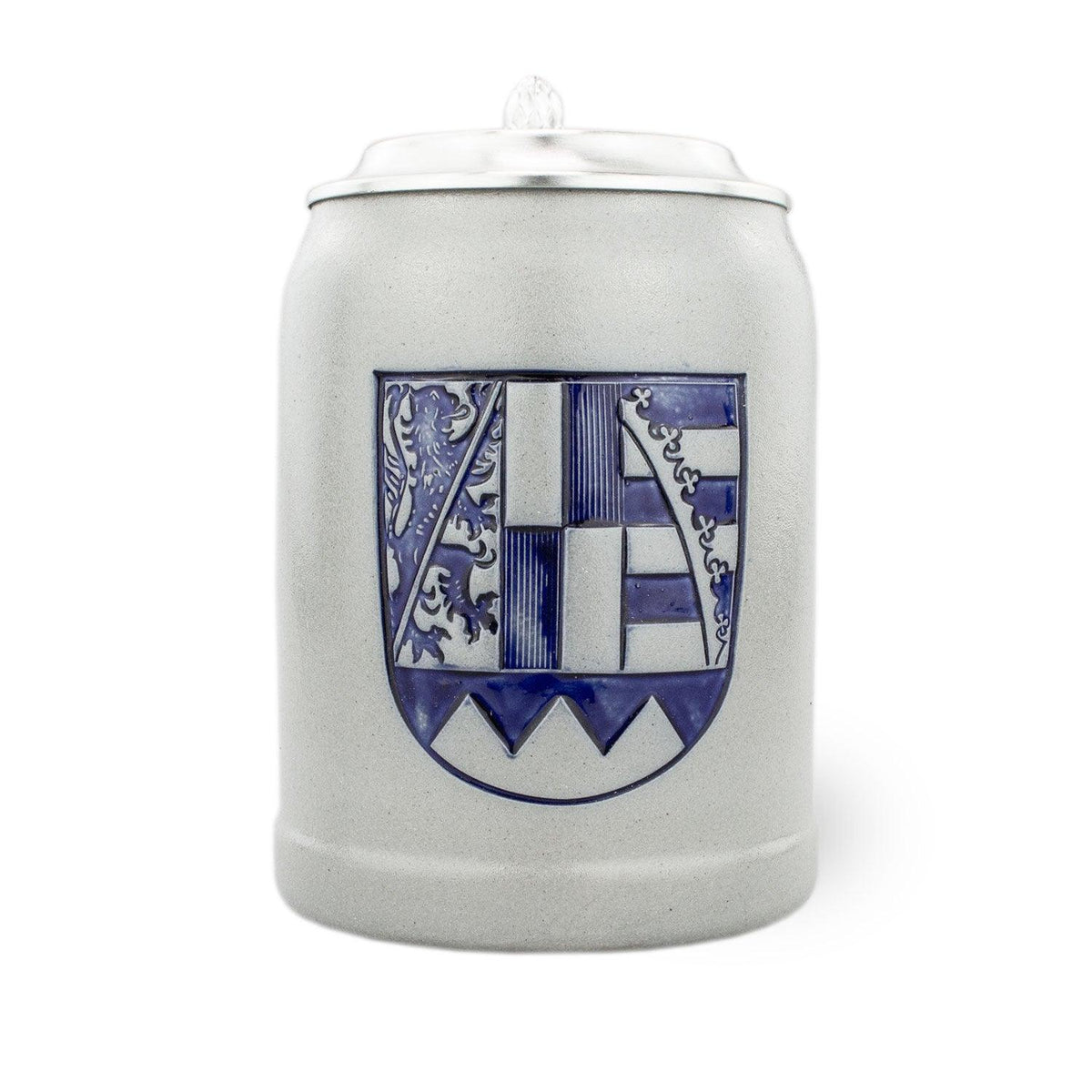 Antiker PREMIUM Bierkrug Oberfranken aus Steingut mit blauem Wappen und Zinndeckel, bayerische Tradition.