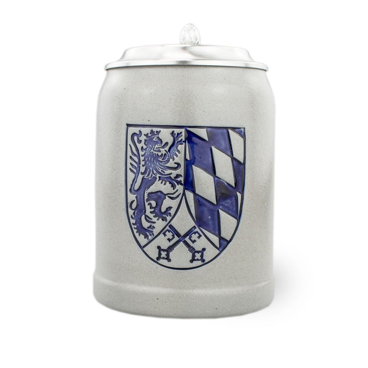 PREMIUM Bierkrug Oberpfalz, graues Steingut mit blauem Oberpfalz-Wappen und Zinndeckel, traditionell.