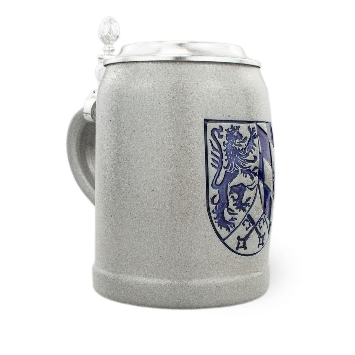 PREMIUM Bierkrug "Oberpfalz" aus Steingut mit detailliertem blauem Wappen und massivem Zinndeckel.
