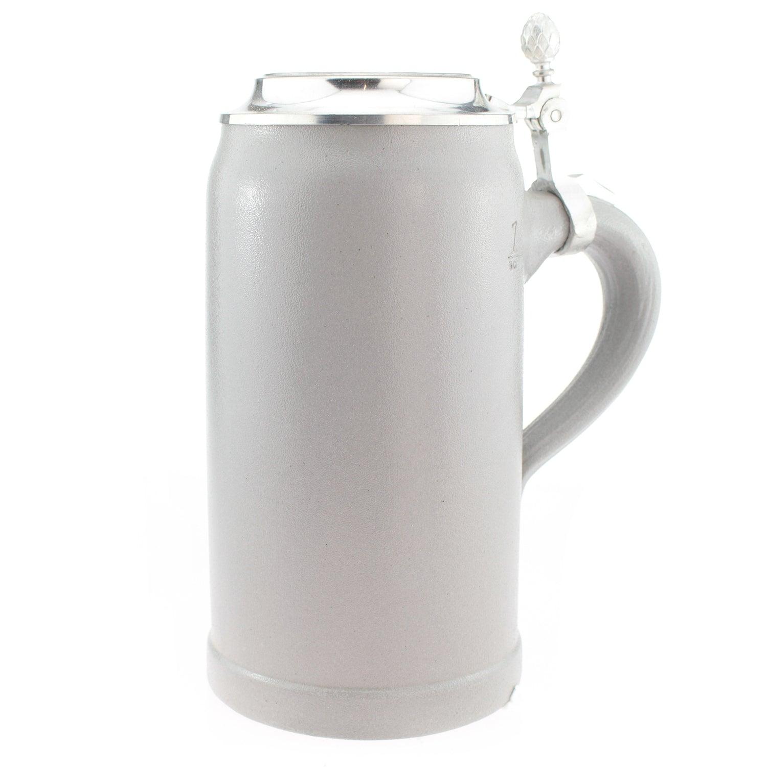PREMIUM Steinkrug Bierkrug grau mit schlichtem Design und stabilem Zinndeckel mit Hopfendolden-Drücker