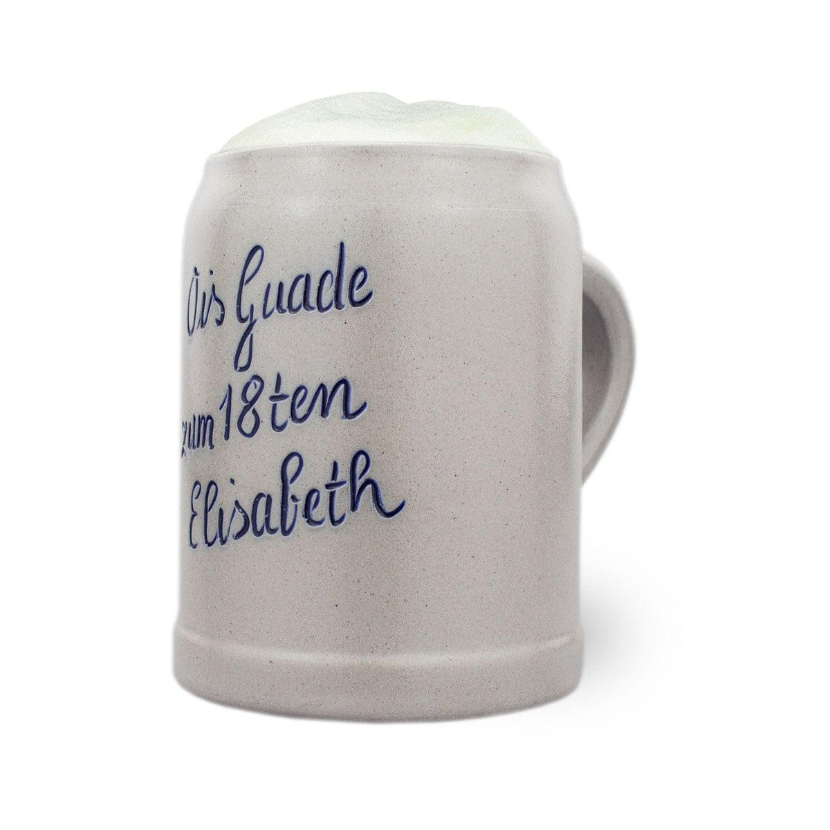 PREMIUM Steinkrug mit aufgeschäumtem Bier, personalisiertem blauen Schriftzug Alles Guade zum 18ten Elisabeth
