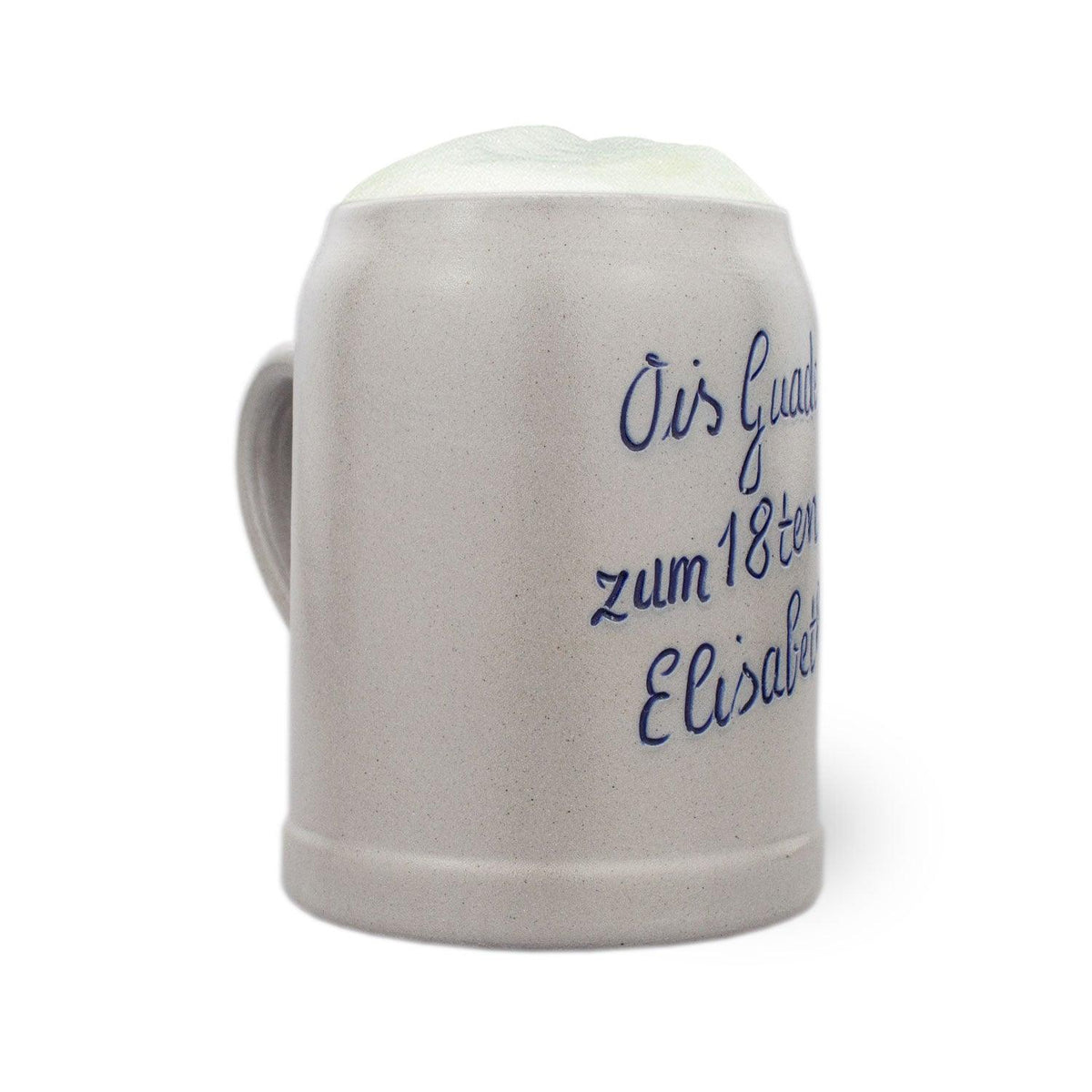 PREMIUM Steinkrug mit Henkel und blauer Aufschrift "ois Guade zum 18ten Elisabeth" für Bier