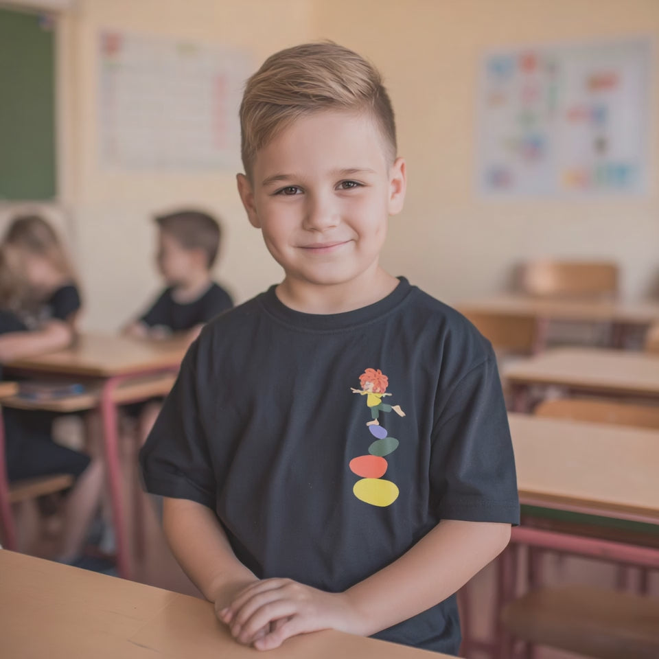 Glücklicher Junge in der Schule trägt schwarzes Pumuckl Kinder T-Shirt mit Balance-Motiv auf bunten Steinen.