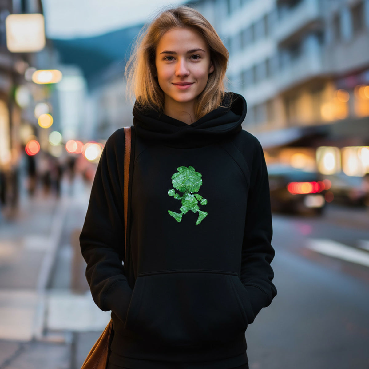 Junge Frau trägt schwarzen ®Pumuckl Damen Hoodie Ampel-Edition mit grünem Muster auf belebter Straße.