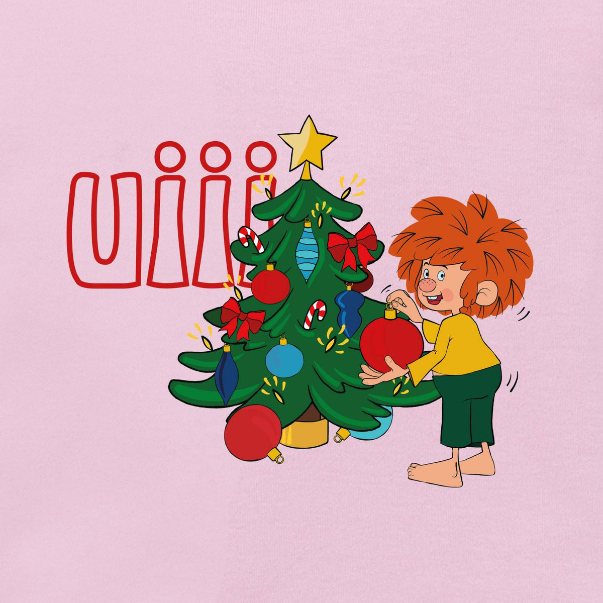 Pumuckl Baby T-Shirt "uiii Weihnachten" mit Kobold, der einen Weihnachtsbaum schmückt, und rotem "uiii" Schriftzug.