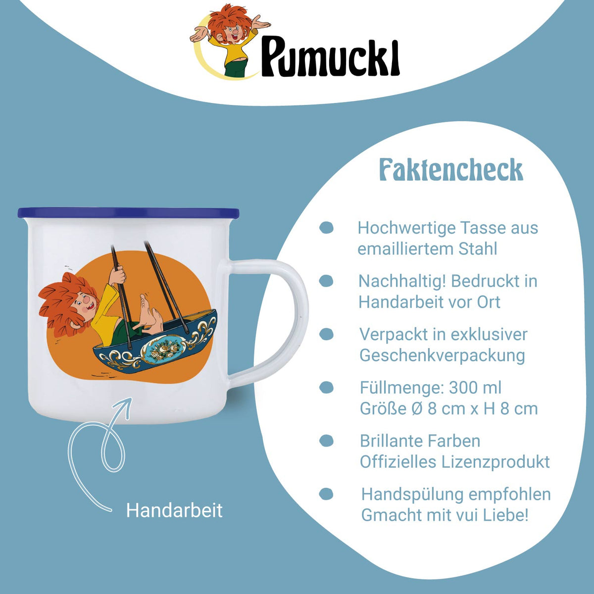 Pumuckl Emaille-Tasse „Schiffschaukel“ mit Infografik zu Material und Füllmenge