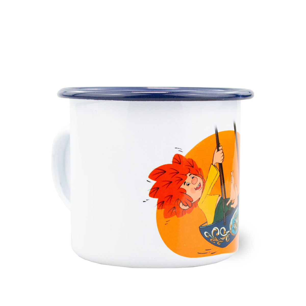 Emaille-Tasse von der Seite: Pumuckl mit fliegenden roten Haaren in der Schiffschaukel