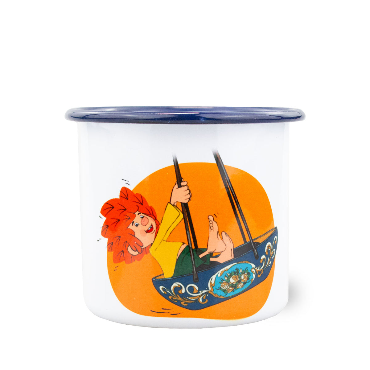 Pumuckl Emaille-Tasse frontal: blaue Schiffschaukel, dunkelblauer Rand