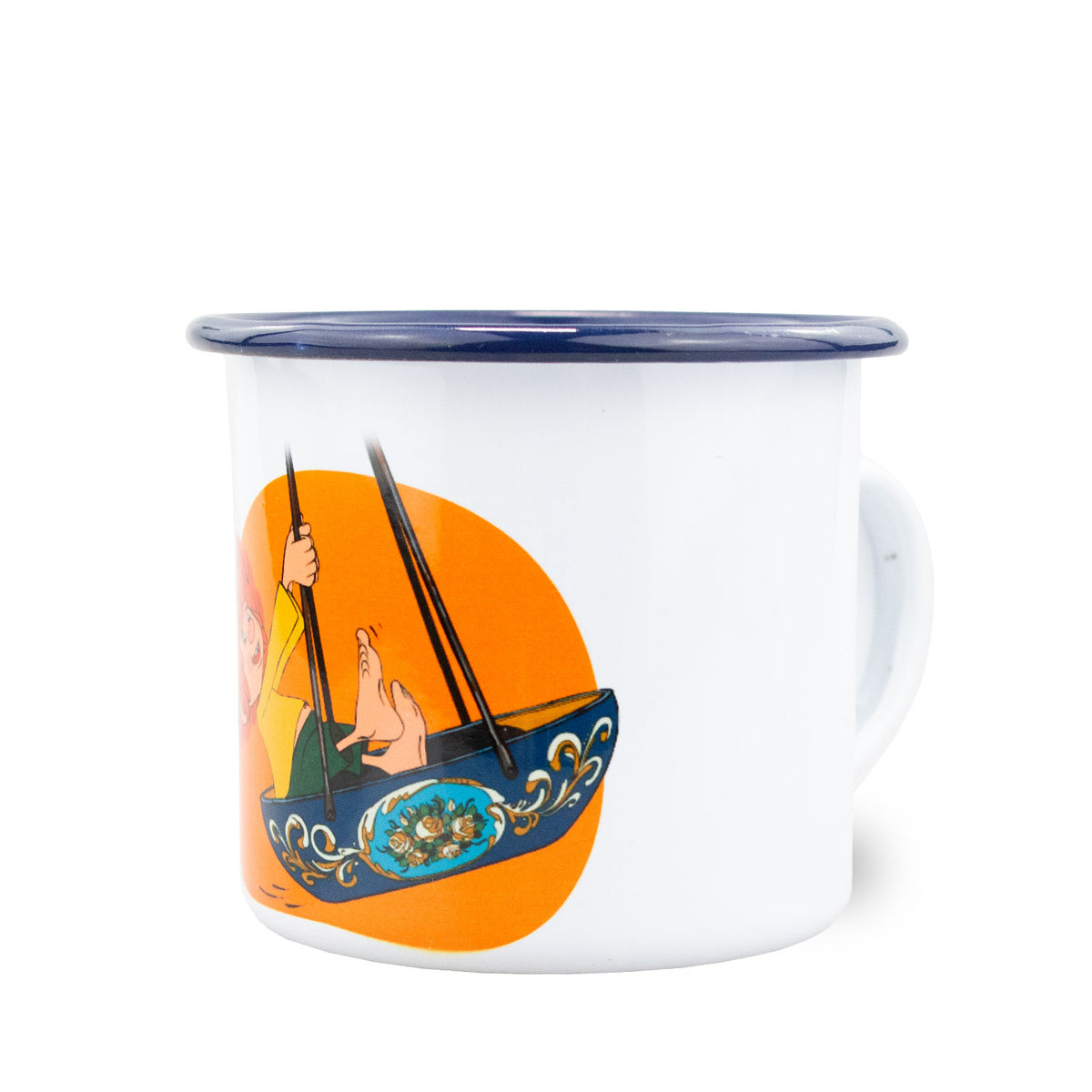 Pumuckl Emaille-Tasse von vorn: Schiffschaukel-Motiv auf orangem Grund