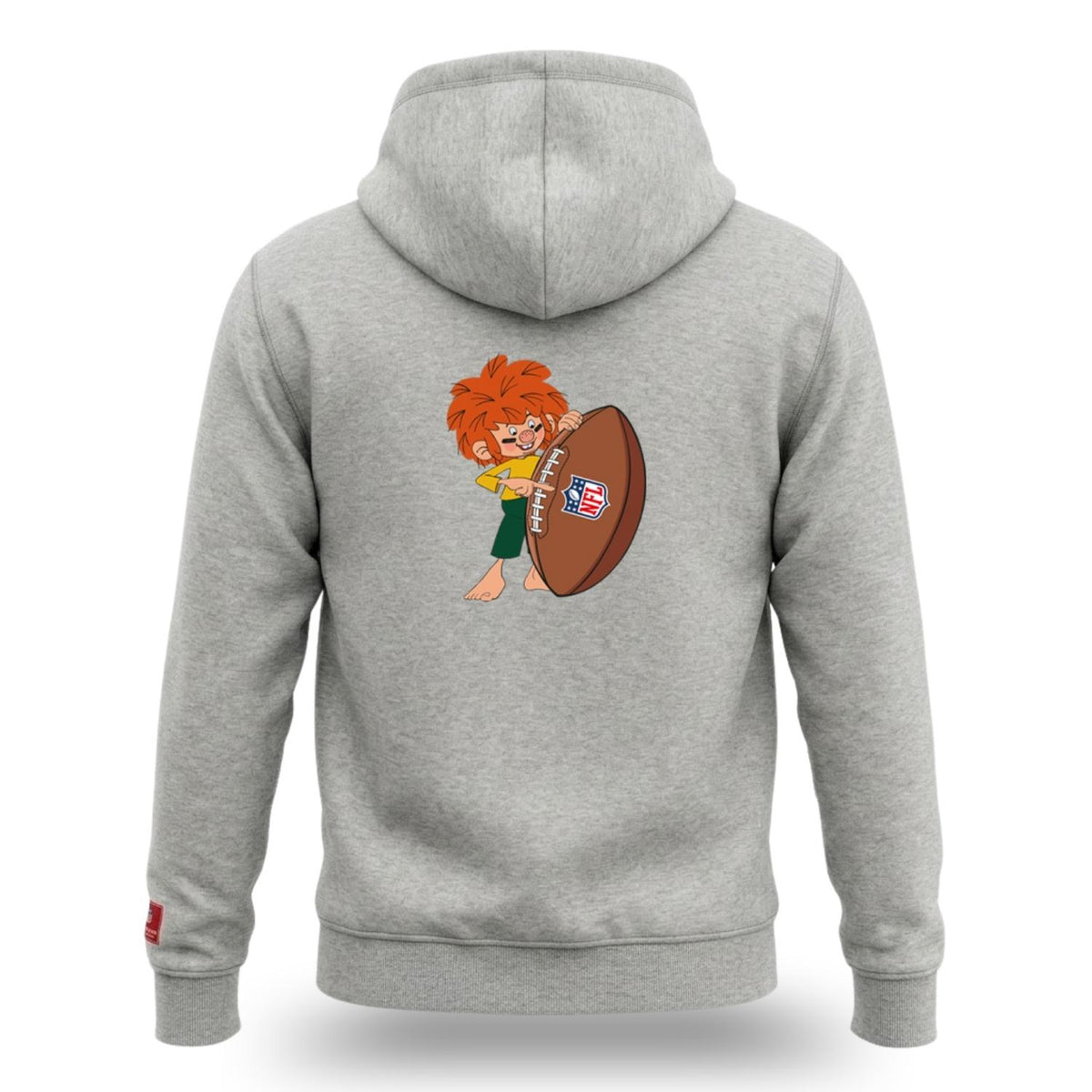 NFL x Pumuckl Hoodie Football in Grau – Rückseite mit Pumuckl, der einen Football hält