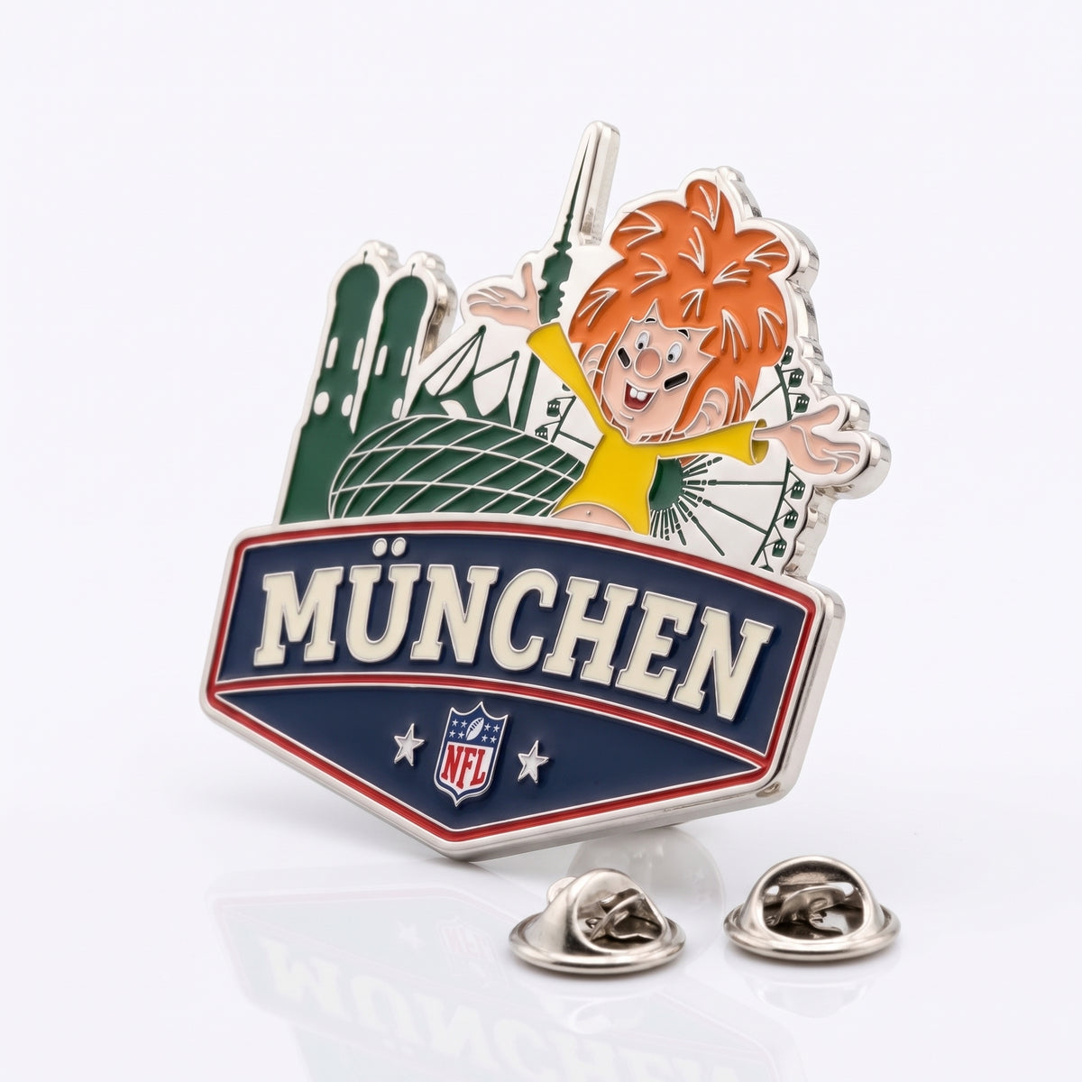NFL x Pumuckl Pin München seitlich stehend mit Pin-Verschlüssen