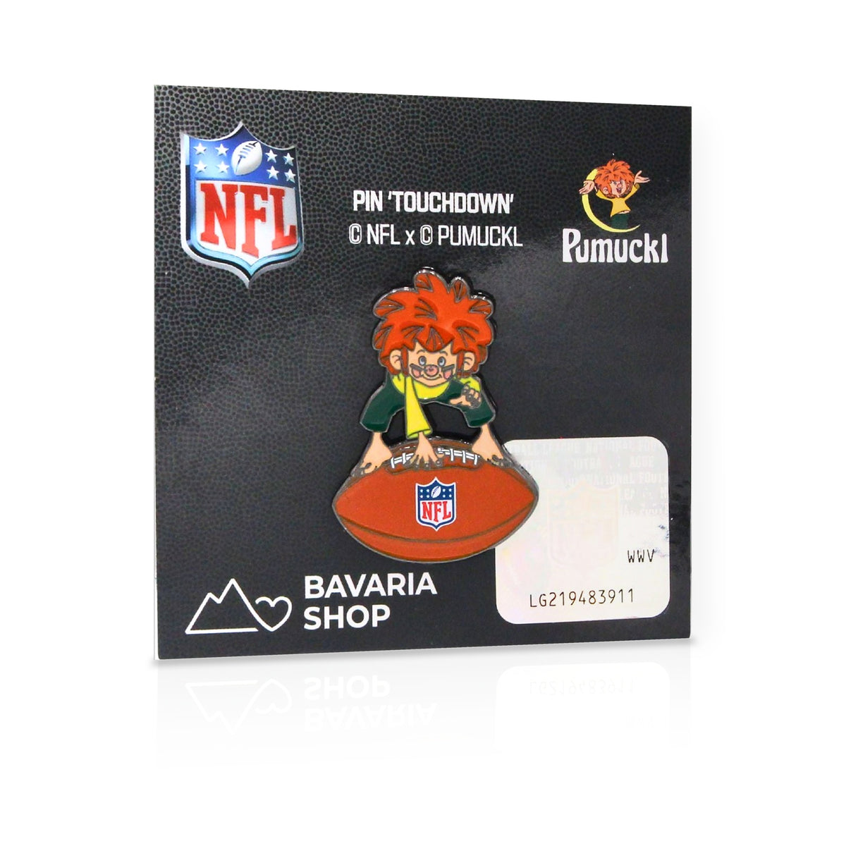 NFL x Pumuckl Pin Touchdown in Originalverpackung mit offiziellem NFL-Hologramm – Emaille-Anstecker als Fan-Geschenk