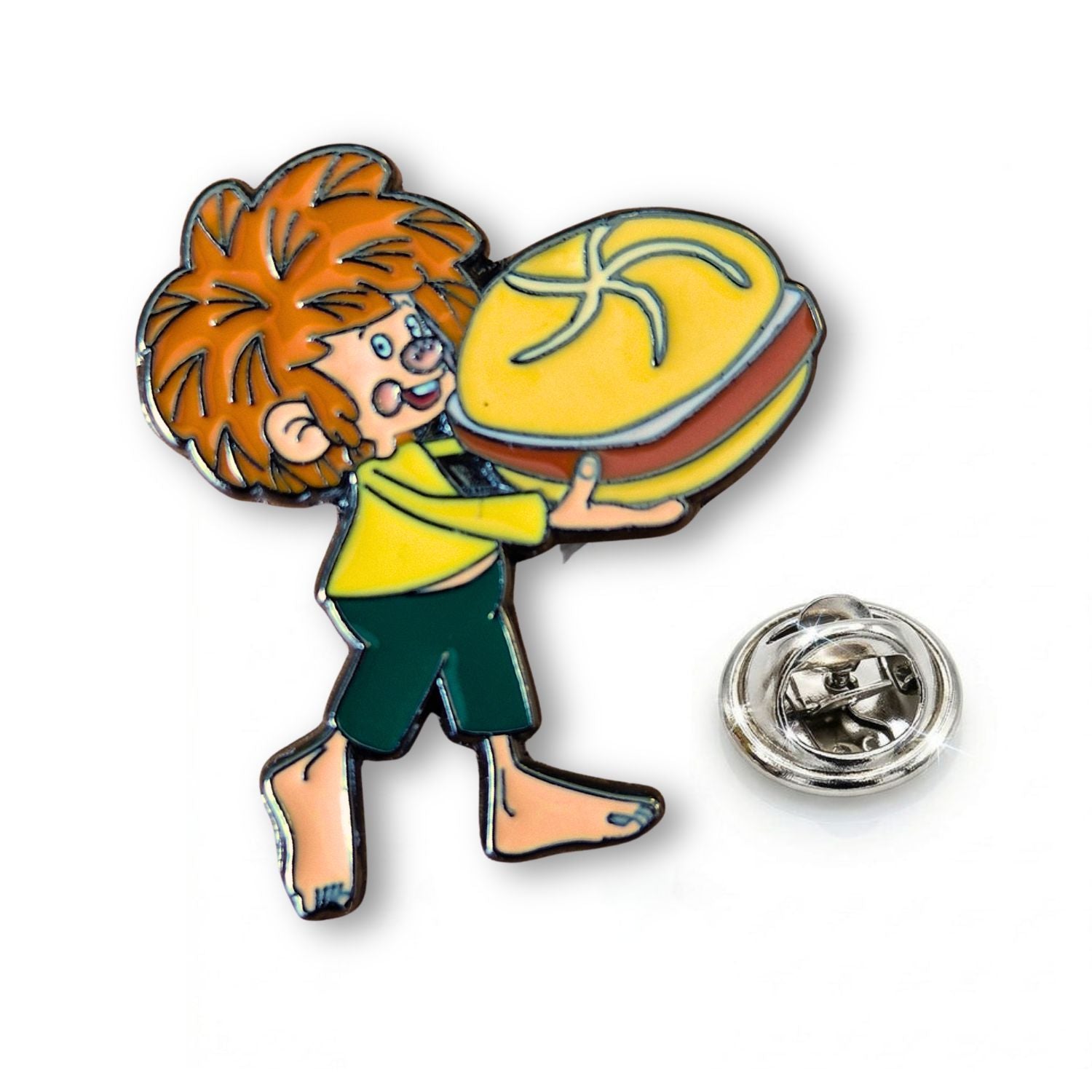 Pumuckl Pin mit braunen Haaren, grüner Hose und gelbem Pulli, der eine Leberkassemmel hochhält.