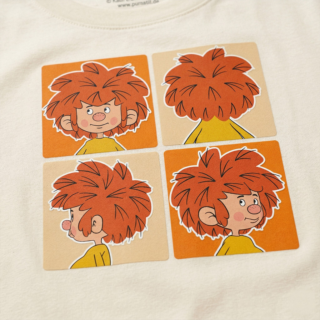 Pumuckl Damen T-Shirt mit vier quadratischen Drucken des rothaarigen Kobolds, der verschiedene Ausdrücke zeigt