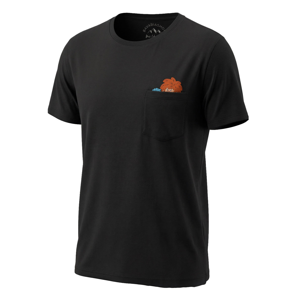 Schwarzes Pumuckl T-Shirt Schabernack mit Kobold-Motiv in der Brusttasche – offizielles Pumuckl Merch