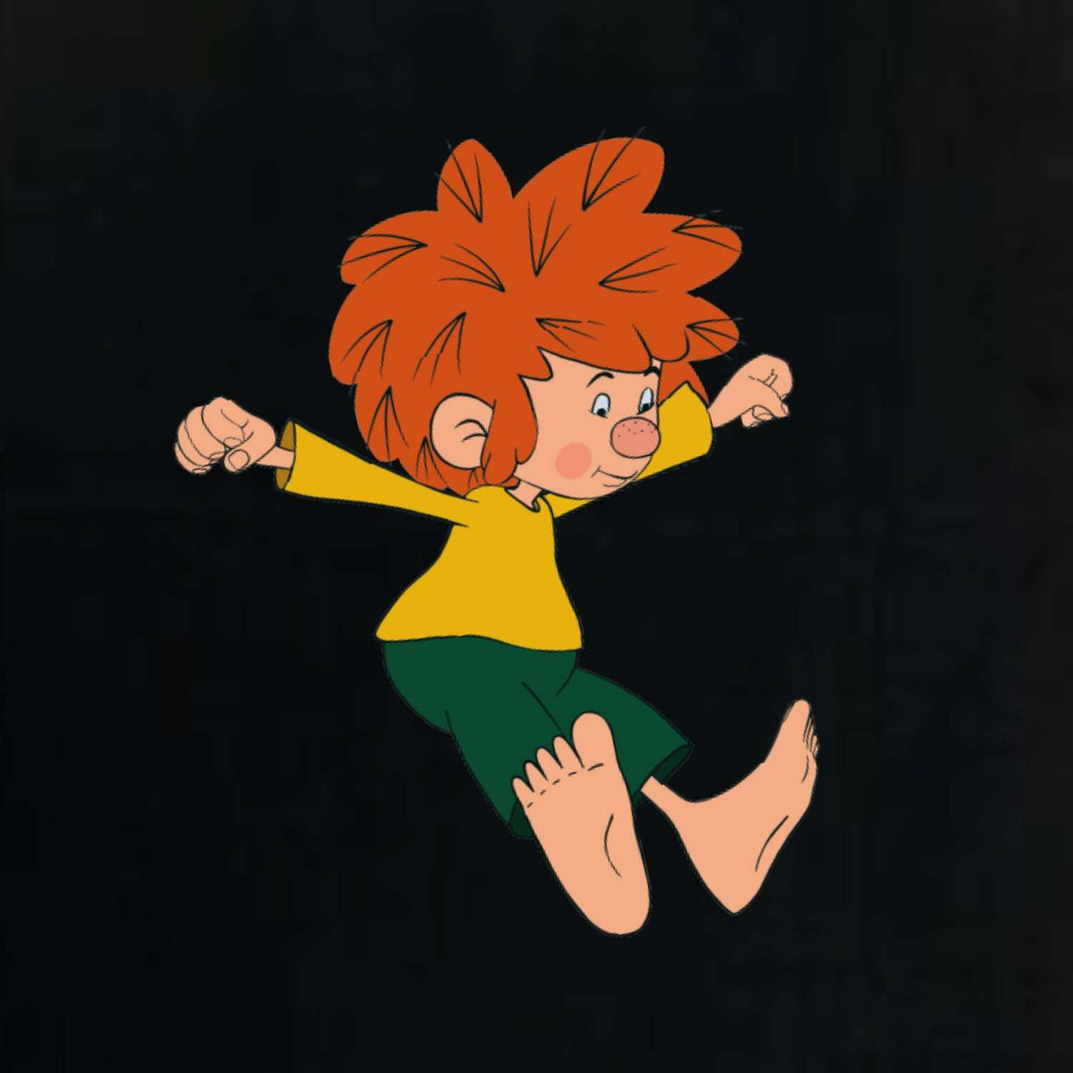 Lebhafter Pumuckl, orange Haare, gelbem Hemd und grüner Hose, springt fröhlich in der Luft. Bin a dabei Tasche.