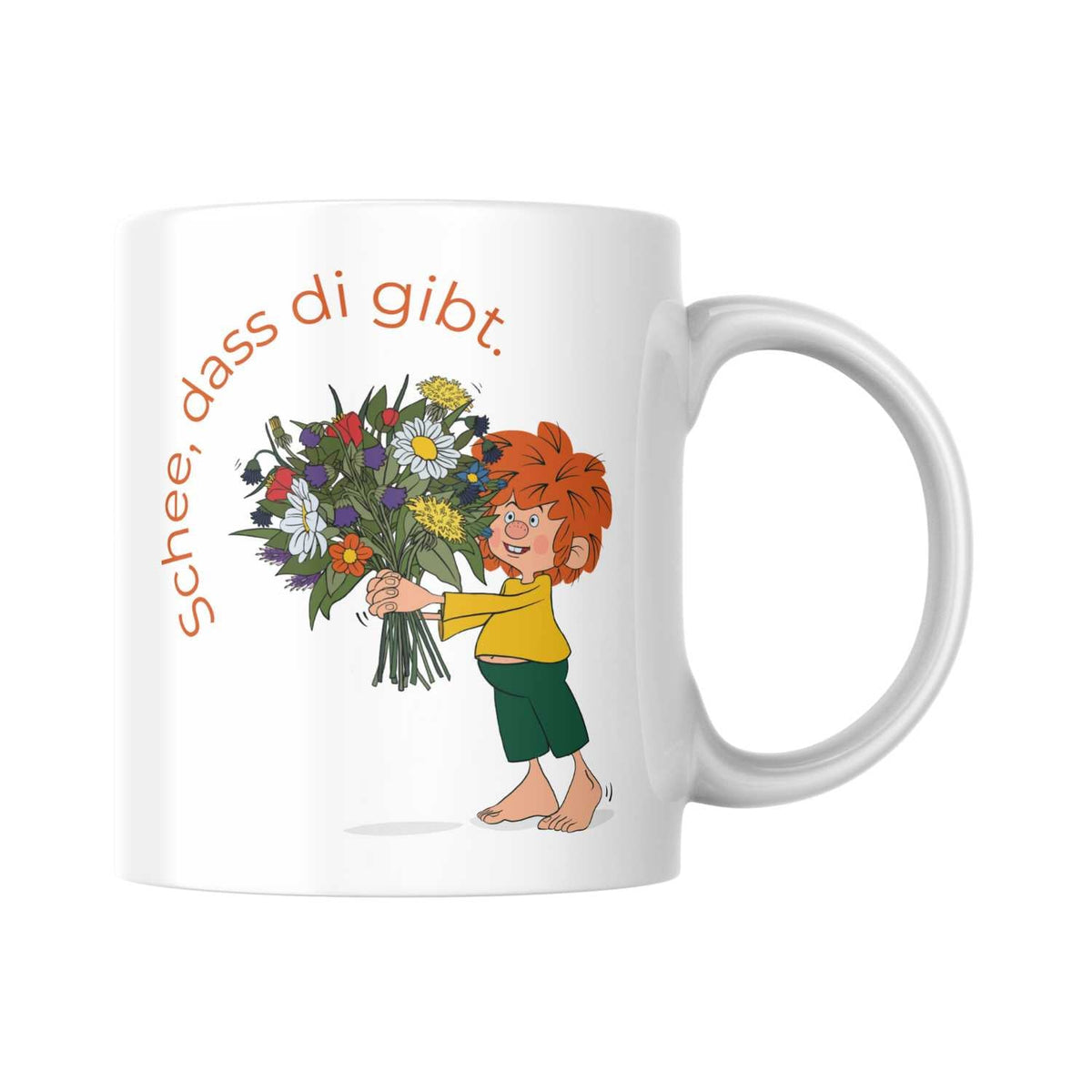 Weiße Pumuckl Tasse „Schee, dass di gibt.“: Pumuckl mit buntem Blumenstrauß, Keramik ca. 330 ml