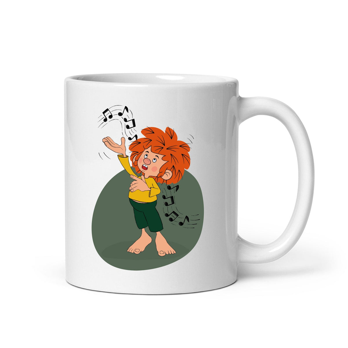 Weiße Pumuckl Tasse „Musik“: tanzender Pumuckl mit Noten auf grünem Grund
