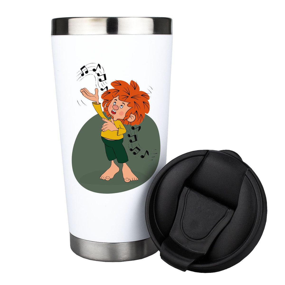 Weißer Pumuckl Thermo-Becher mit singendem Pumuckl und Notenzeichen, offener schwarzer Deckel daneben.