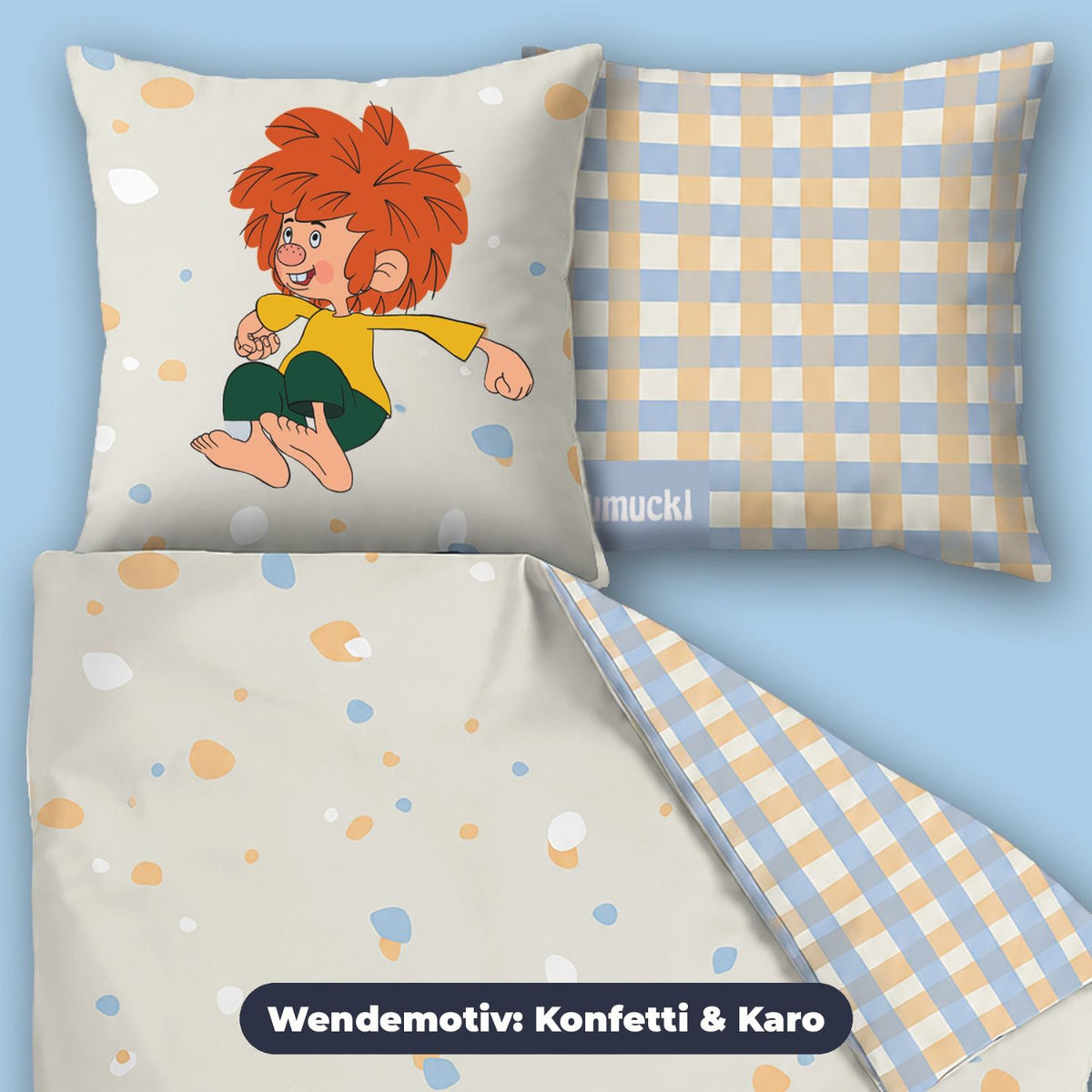 Wendemotiv der Pumuckl Bettwäsche „Gute Nacht“: vorne Konfetti-Tupfen, hinten Karo in Blau-Ocker