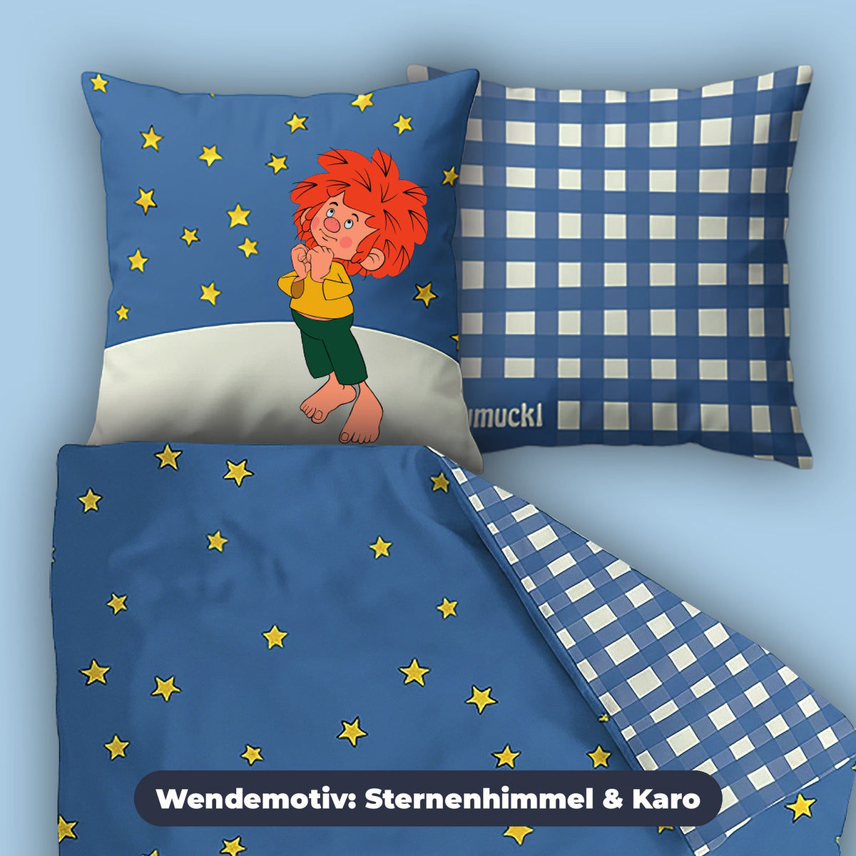 Pumuckl Bettwäsche „Träum schön“ als Wendemotiv: Sternenhimmel und blau-weißes Karo