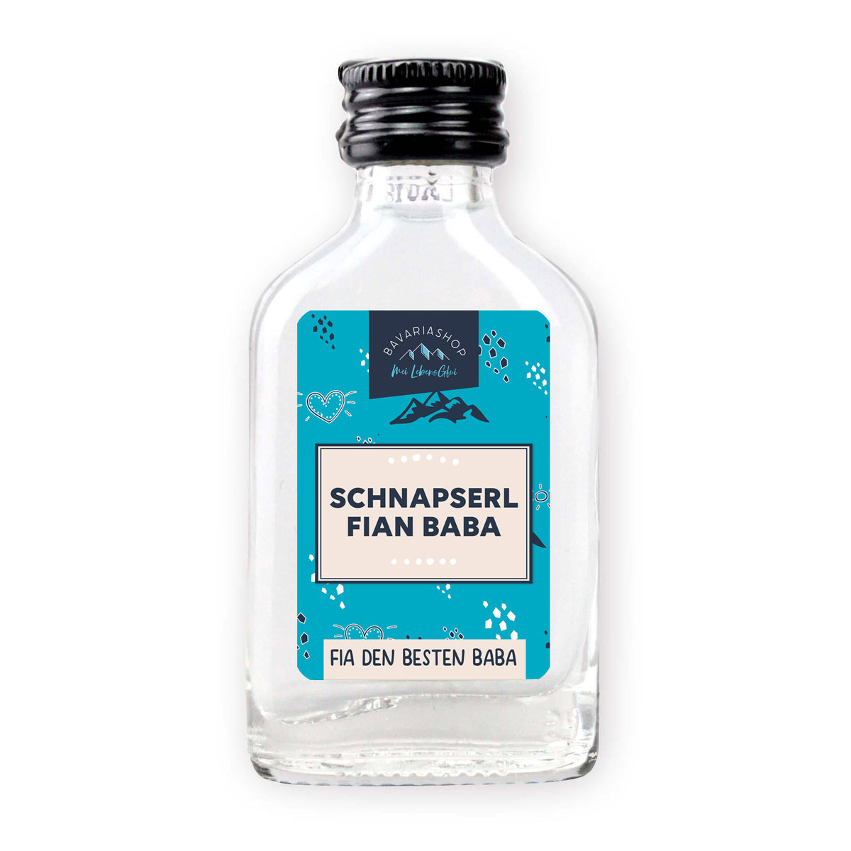 Kleine Flasche Schnapserl Fian Baba mit blauem Etikett und bayerischen Motiven, ideal als Geschenk.
