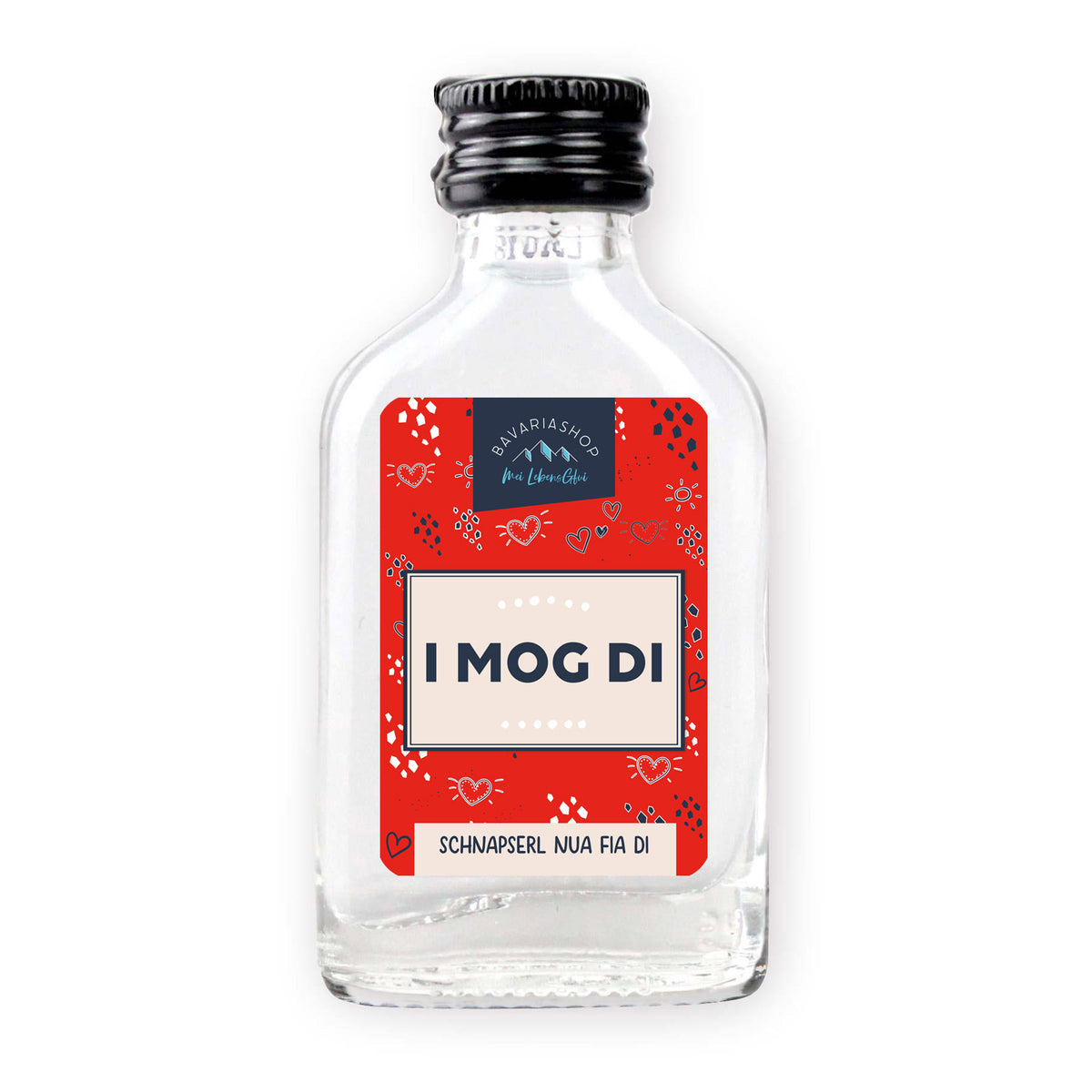 Schnapserl "I mog di" in kleiner Flasche mit rotem Herz-Etikett und schwarzem Schraubverschluss.