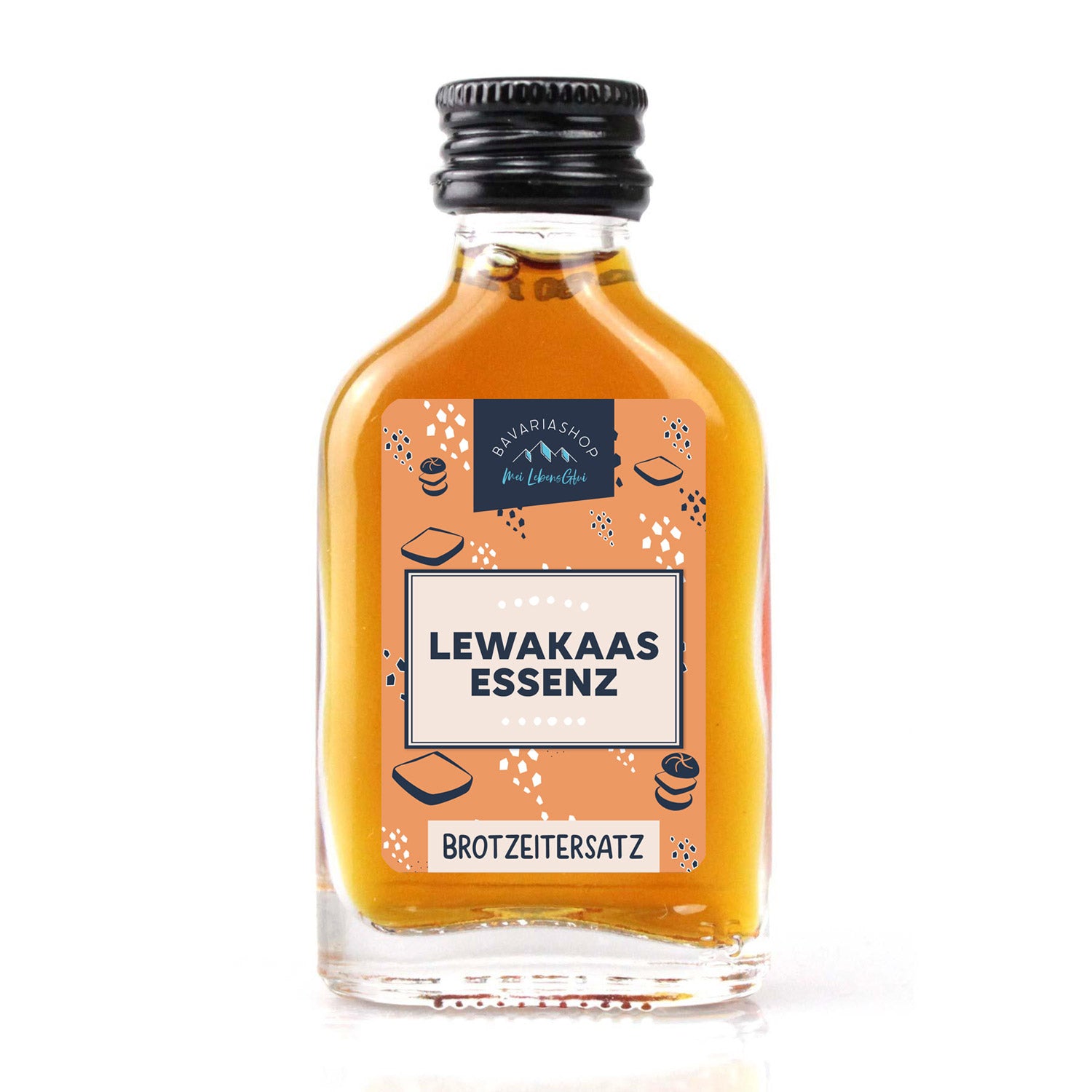 Kräuterlikör mit 30 % vol. in transparenter 2cl-Glasflasche, goldbraune Farbe, Etikett mit rotem Schriftzug "Lewakaas Essenz"