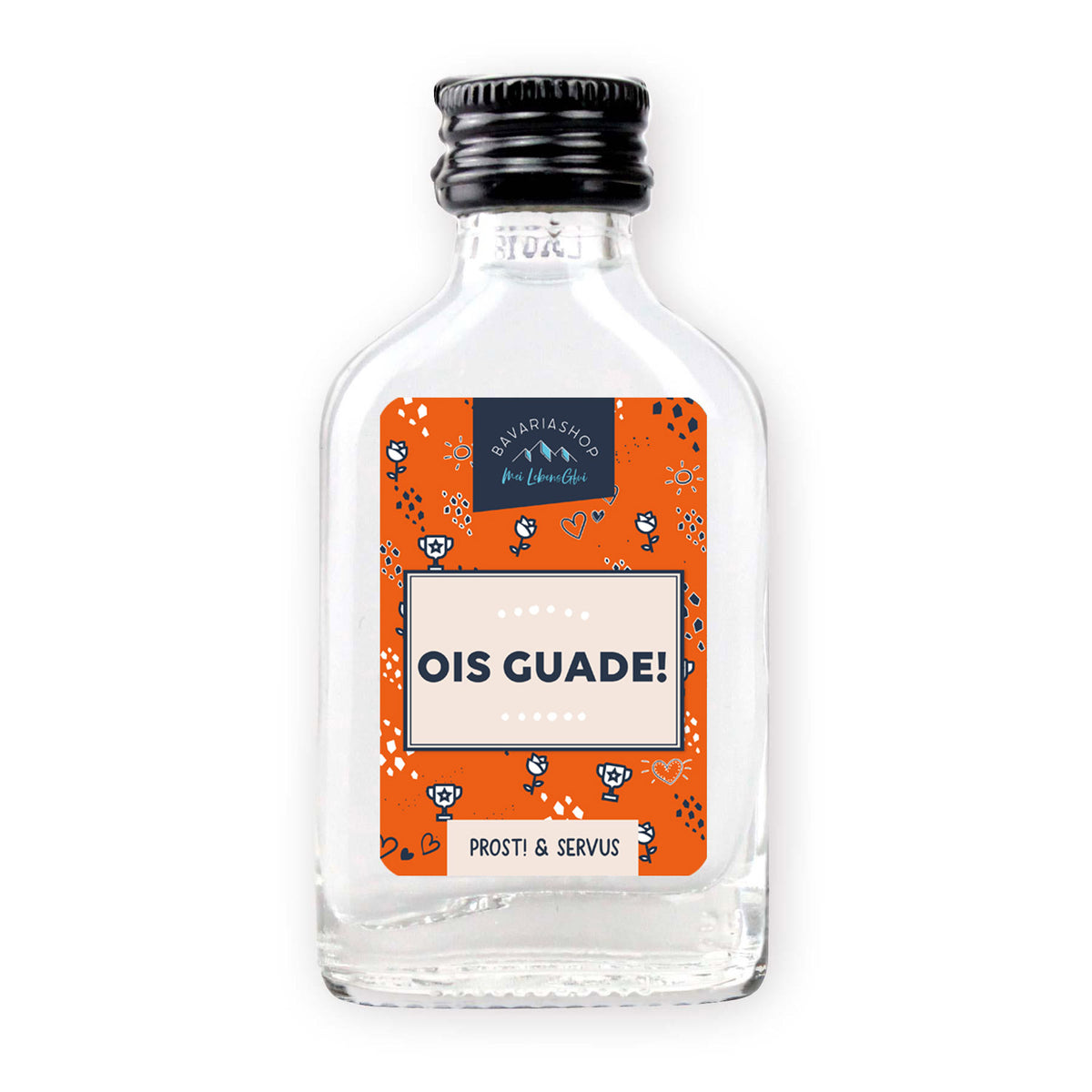Schnapserl Ois Guade in klarer Glasflasche mit schwarzem Schraubverschluss und bayerischem Etikett