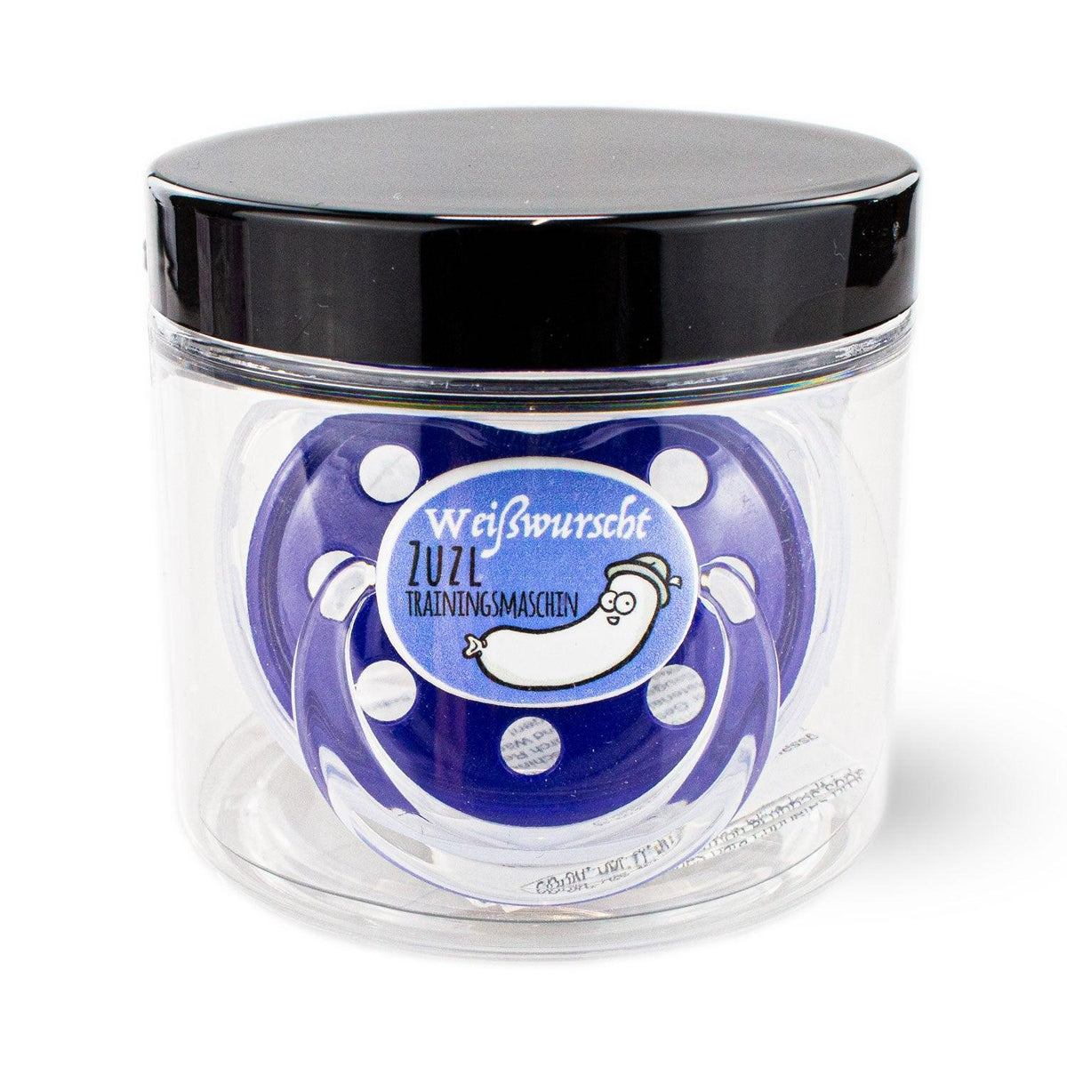 Blauer Babyschnuller mit lustigem Weißwurst-Motiv und Schriftzug "Weißwurst Zuzl Trainingsmaschin" in transparenter Dose