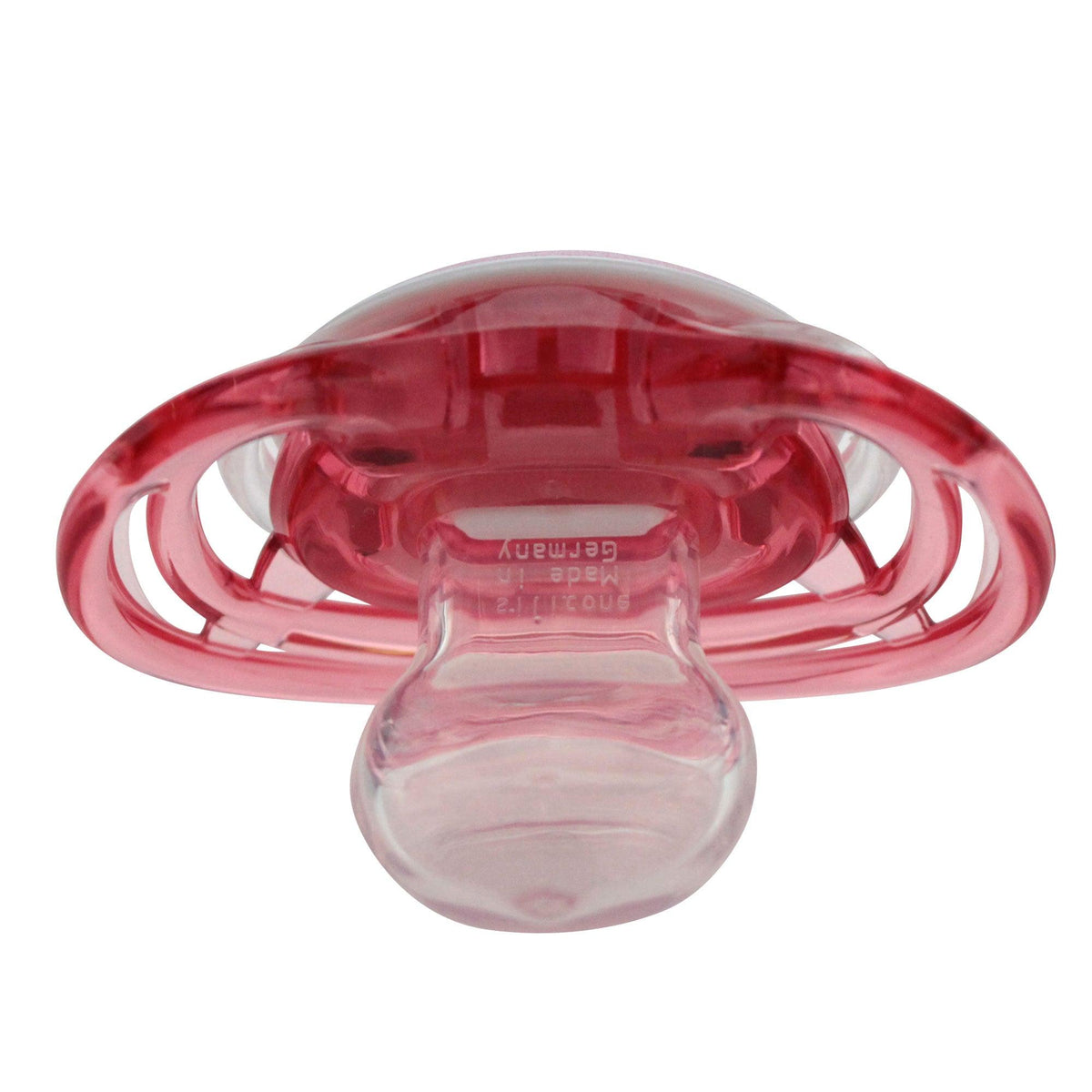 Roter Schnuller Dizzl "Weißwurscht Zuzltrainingsmaschin Madl" aus Silikon für Babys.