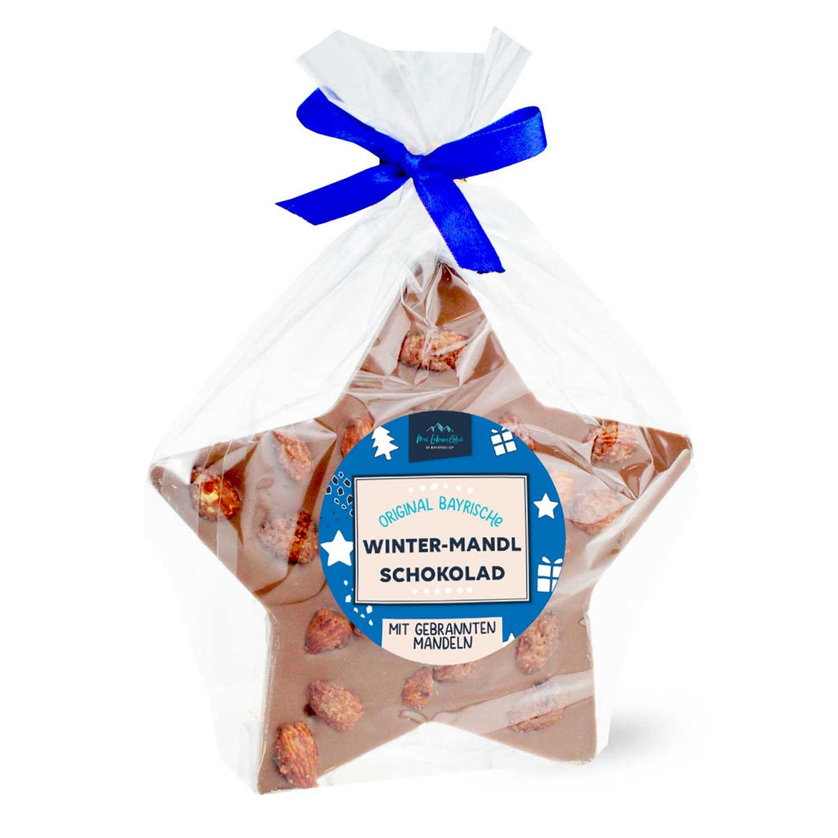 Weihnachtsbox Glühwein: Sternförmige Winter-Mandl Schokolade mit gebrannten Mandeln, festlich verpackt.