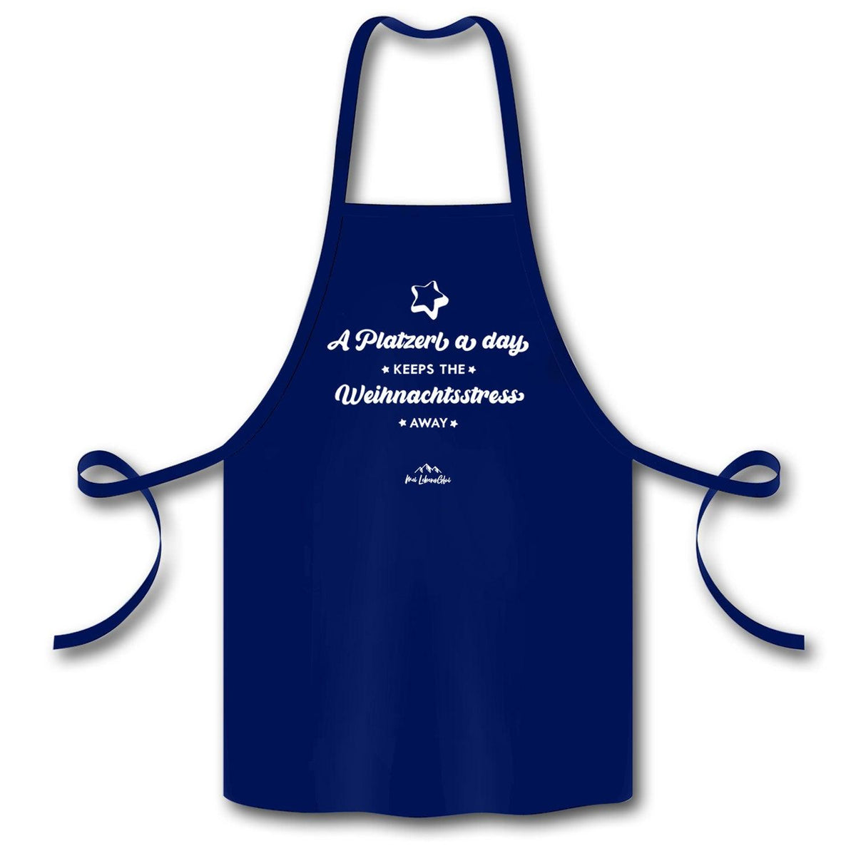 Dunkelblaue Schürze A Platzerl a day mit weißem Schriftzug "keeps the Weihnachtsstress away" und Sternmotiv.