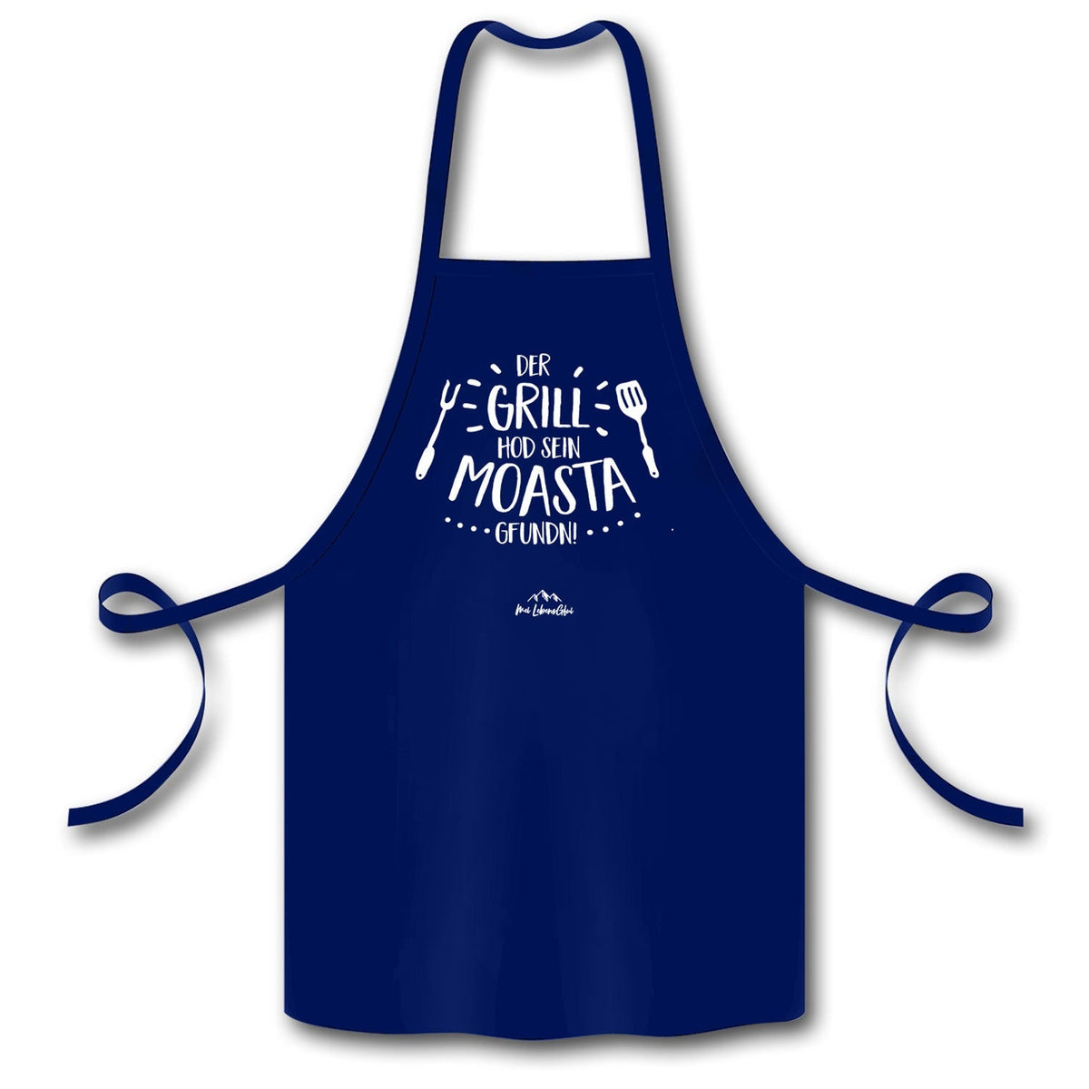 Dunkelblaue Grillschürze Grillmoasta mit weißem Spruch Der Grill hod sein Moasta gfundn und Grillbesteck Motiv.