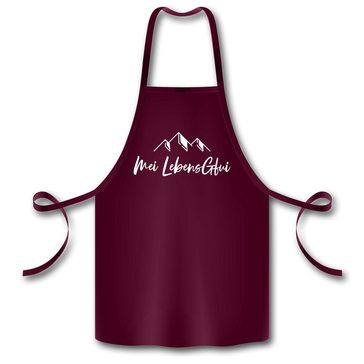 Bordeauxrote Schürze "meiLebensGfui" mit weißem Schriftzug und Bergmotiv, ideal für Küche und Grillen in Bayern.