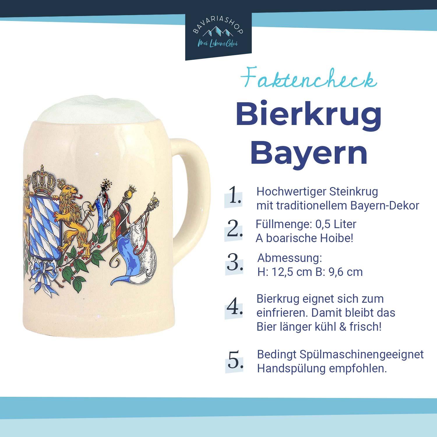 Faktencheck eines bayerischen Bierkrugs aus Stein mit traditionellem Wappen und Schaumkrone, 0,5 Liter Füllmenge.