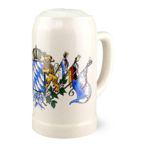 Steinkrug Bayern 1 Liter – Stein-Maßkrug mit bayerischem Wappen, Löwen, Krone und Fahnen, gefüllt mit Bierschaum