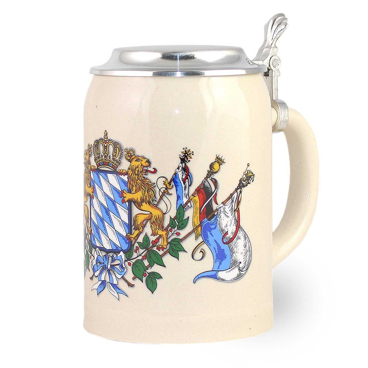 Keramik-Bierkrug mit traditionellem bayerischem Wappen und Fahnen, verziert mit einem Zinndeckel.