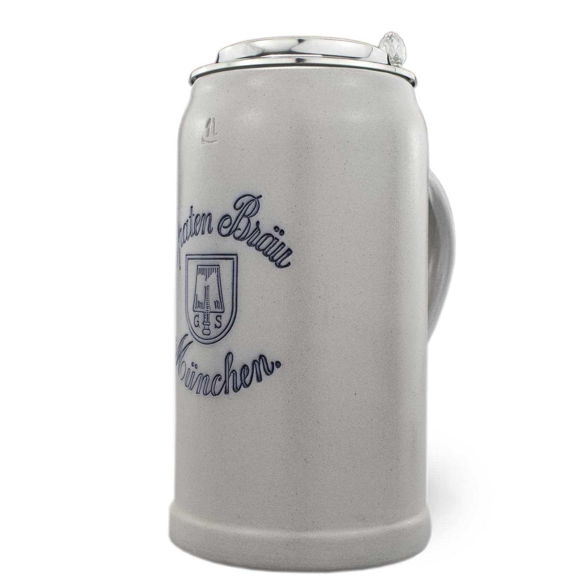Grauer Keramik-Bierkrug mit blauem "Hirschgarten Bräu München" Schriftzug und glänzendem Zinndeckel.